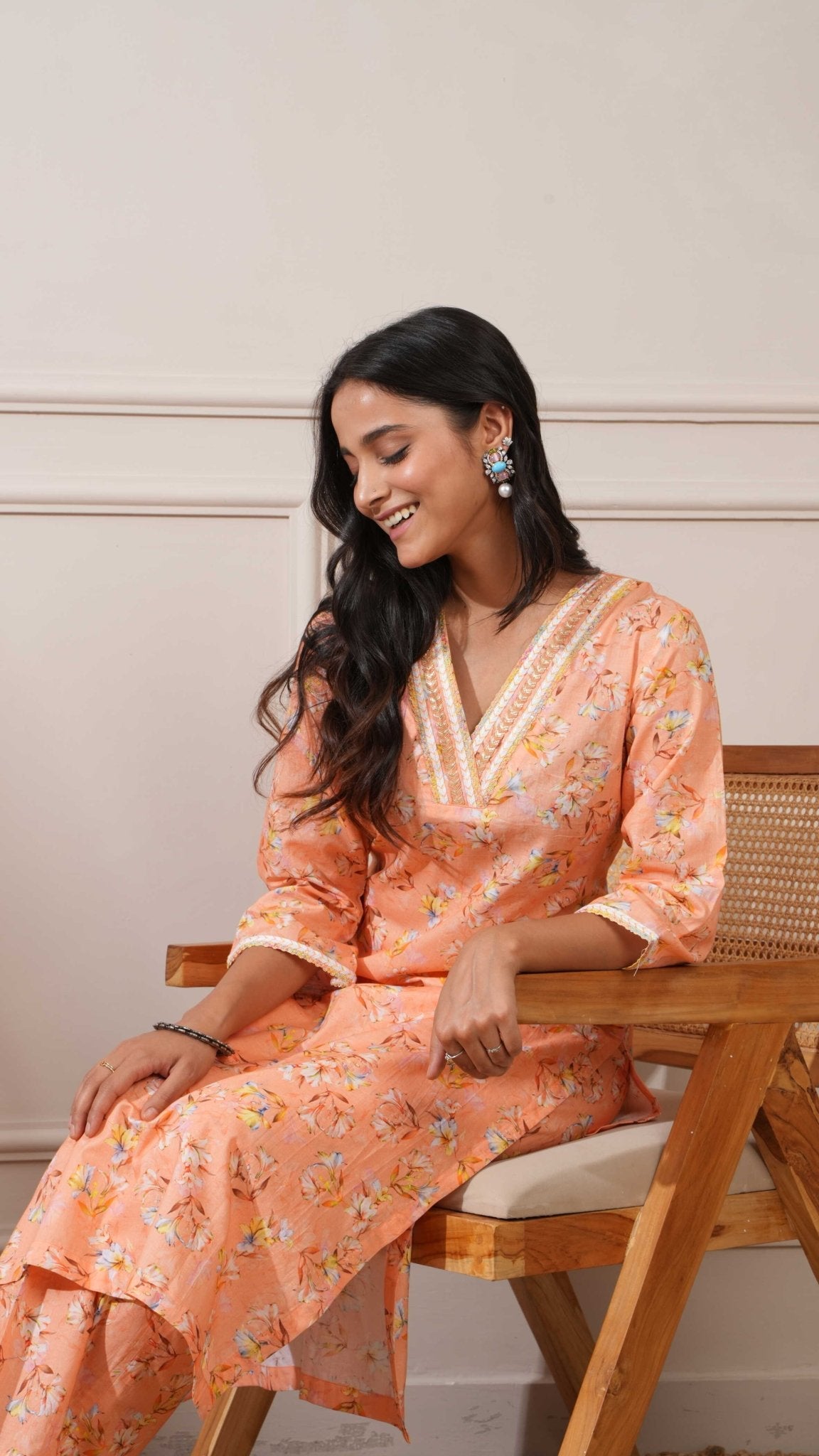 Peach Cotton Floral Digital Straight Kurta with Pant - Ritivesh By Ritika Aggarwal