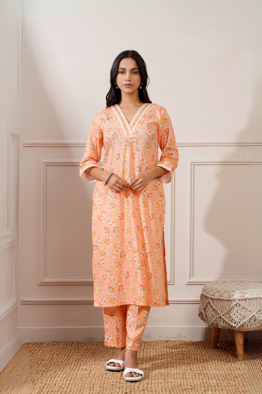 Peach Cotton Floral Digital Straight Kurta with Pant - Ritivesh By Ritika Aggarwal