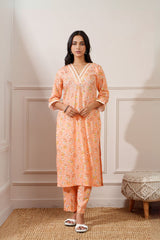 Peach Cotton Floral Digital Straight Kurta with Pant - Ritivesh By Ritika Aggarwal