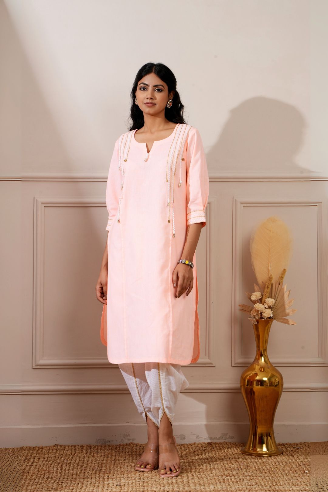 Peach Cotton Straight Kurta & Tulip Pant - Ritivesh By Ritika Aggarwal