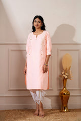 Peach Cotton Straight Kurta & Tulip Pant - Ritivesh By Ritika Aggarwal