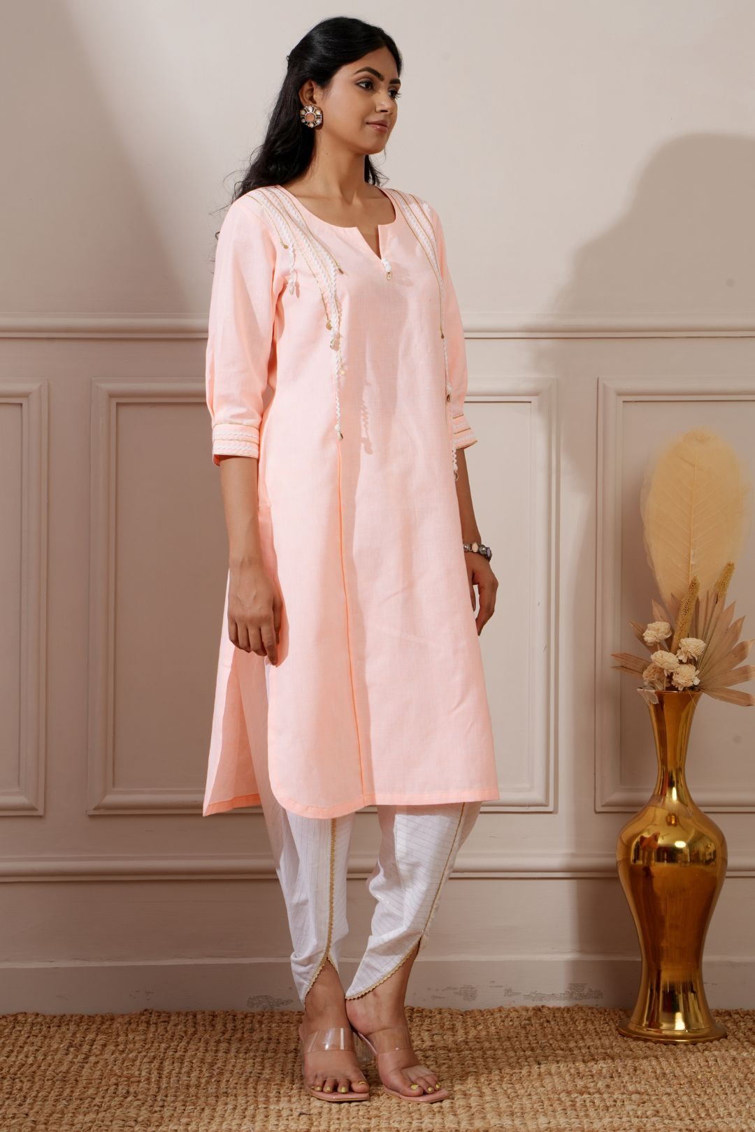 Peach Cotton Straight Kurta & Tulip Pant - Ritivesh By Ritika Aggarwal