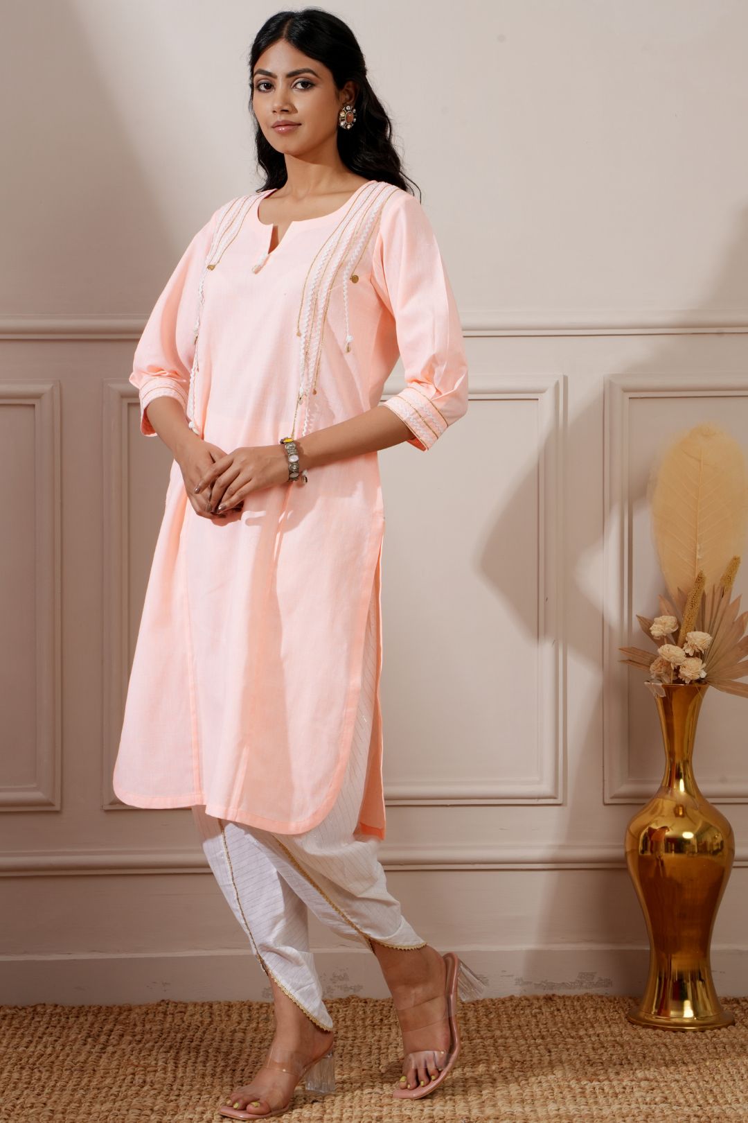 Peach Cotton Straight Kurta & Tulip Pant - Ritivesh By Ritika Aggarwal