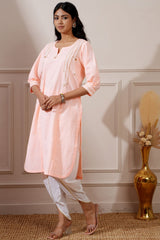 Peach Cotton Straight Kurta & Tulip Pant - Ritivesh By Ritika Aggarwal