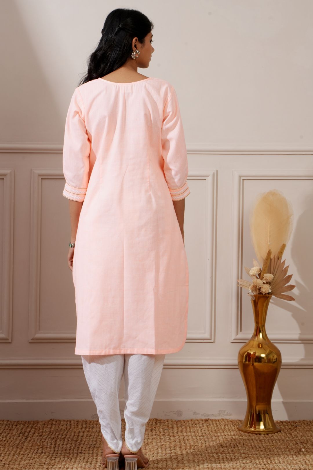 Peach Cotton Straight Kurta & Tulip Pant - Ritivesh By Ritika Aggarwal