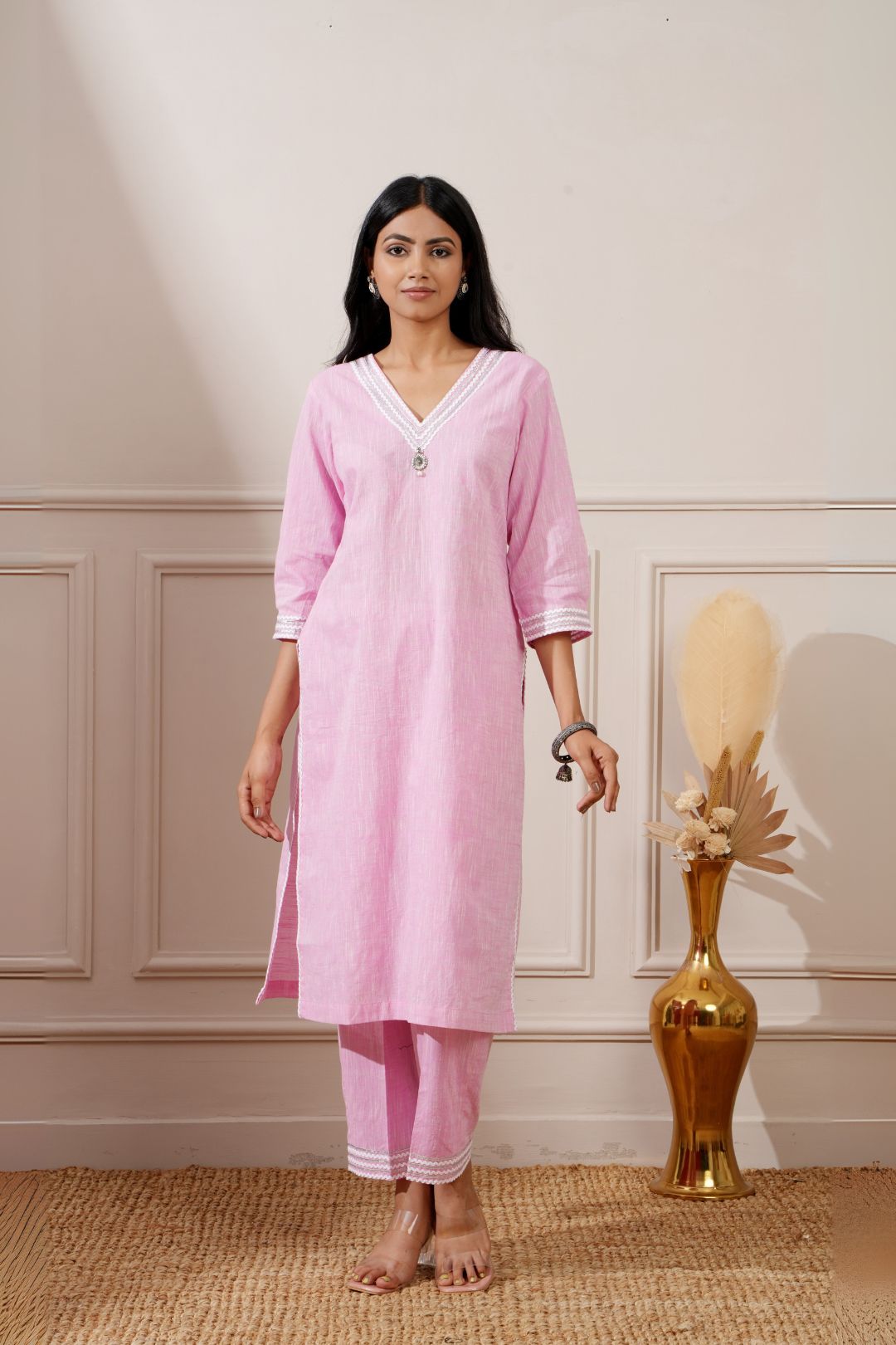 Pink Chicken Cotton Straight Kurta & Pant - Ritivesh By Ritika Aggarwal