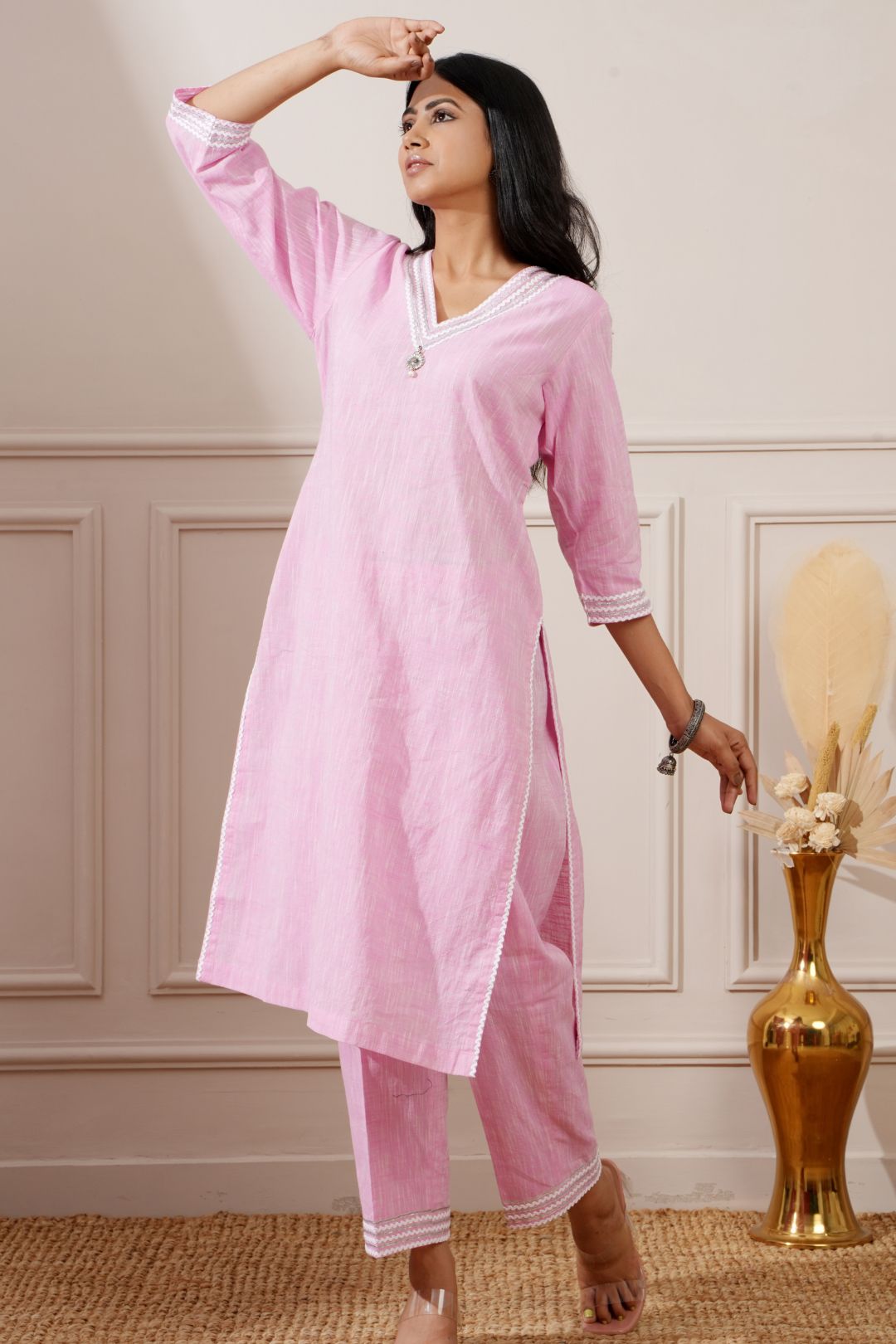 Pink Chicken Cotton Straight Kurta & Pant - Ritivesh By Ritika Aggarwal