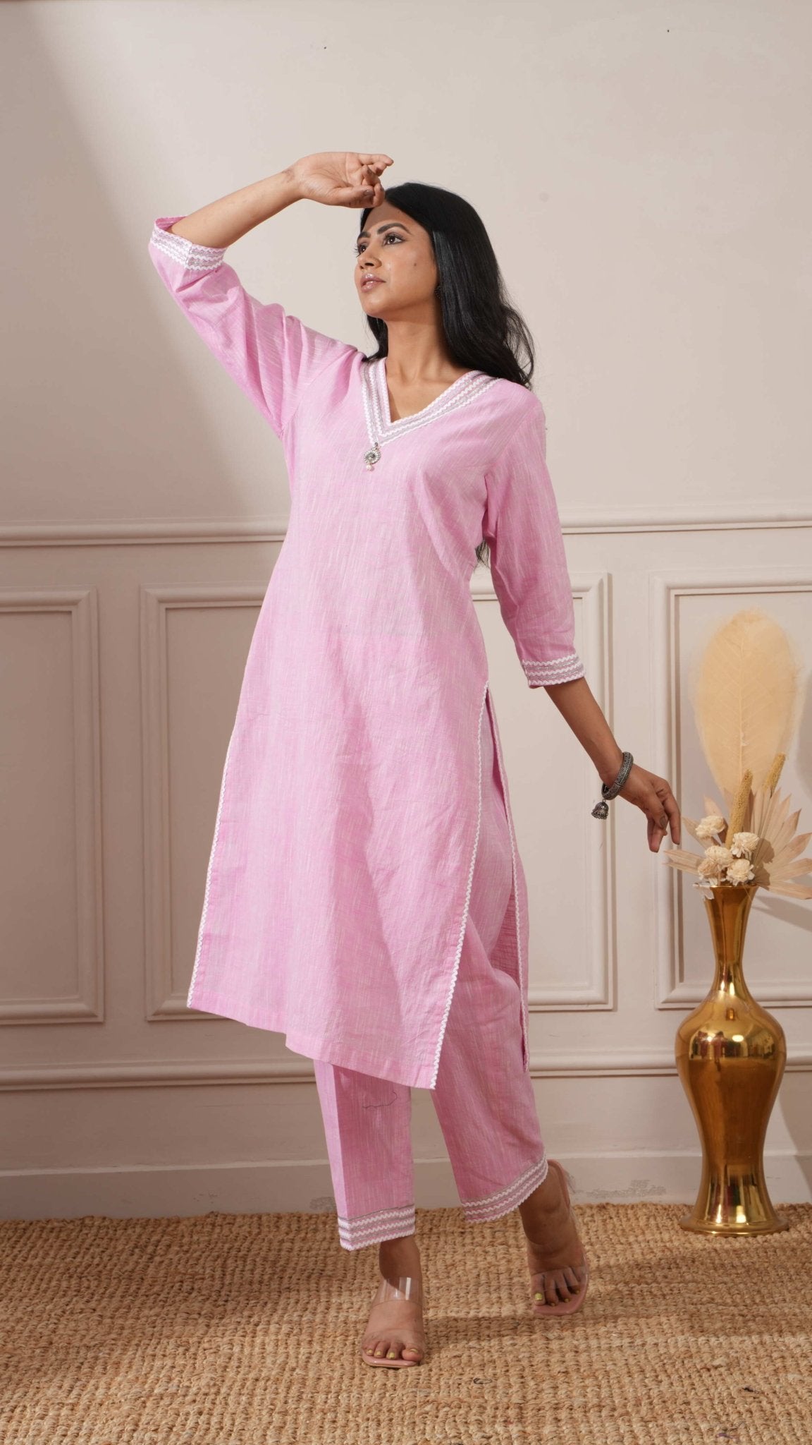 Pink Chicken Cotton Straight Kurta & Pant - Ritivesh By Ritika Aggarwal
