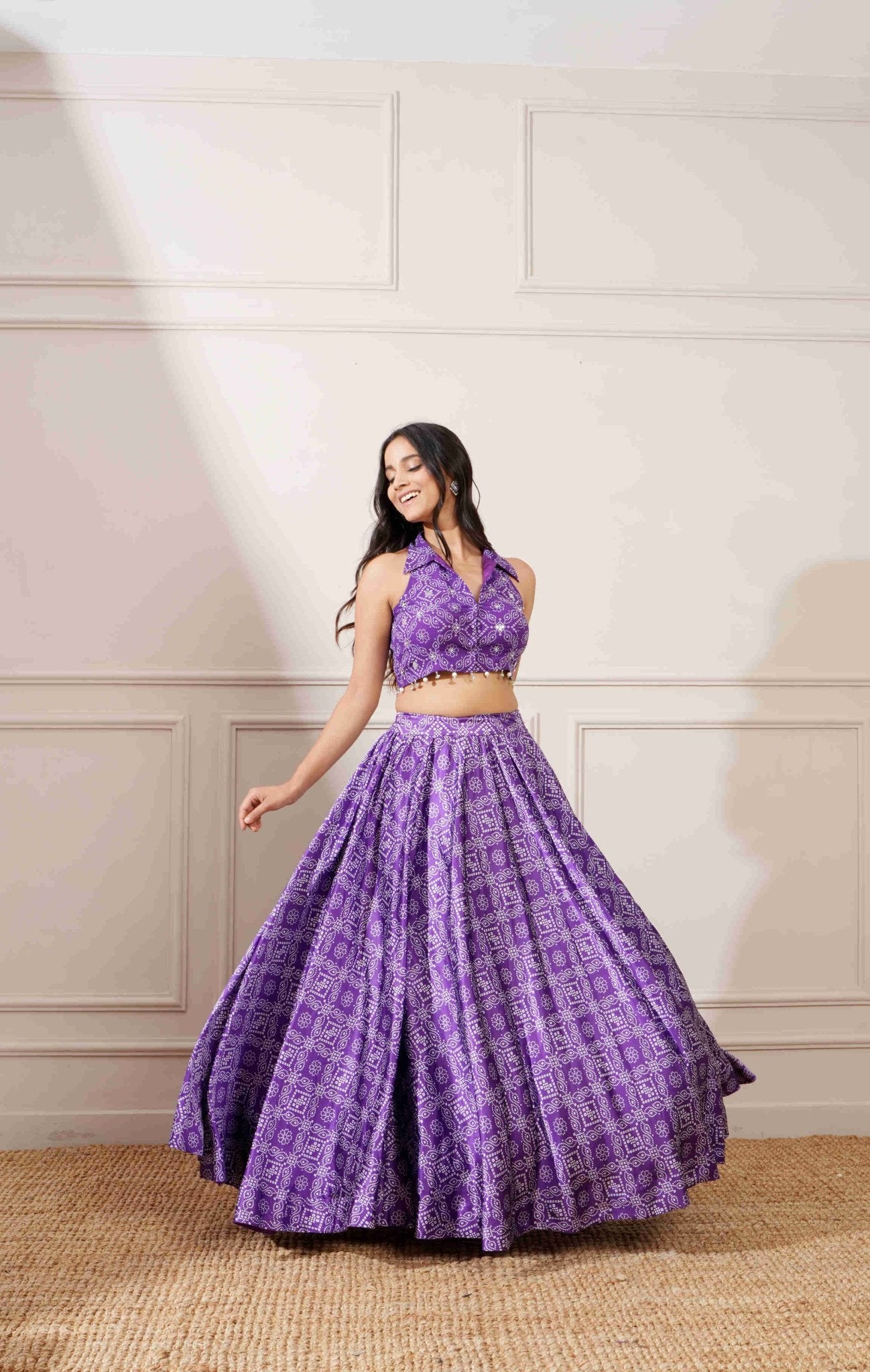 Purple Georgette Bandhej Print Skirt Set - Ritivesh By Ritika Aggarwal