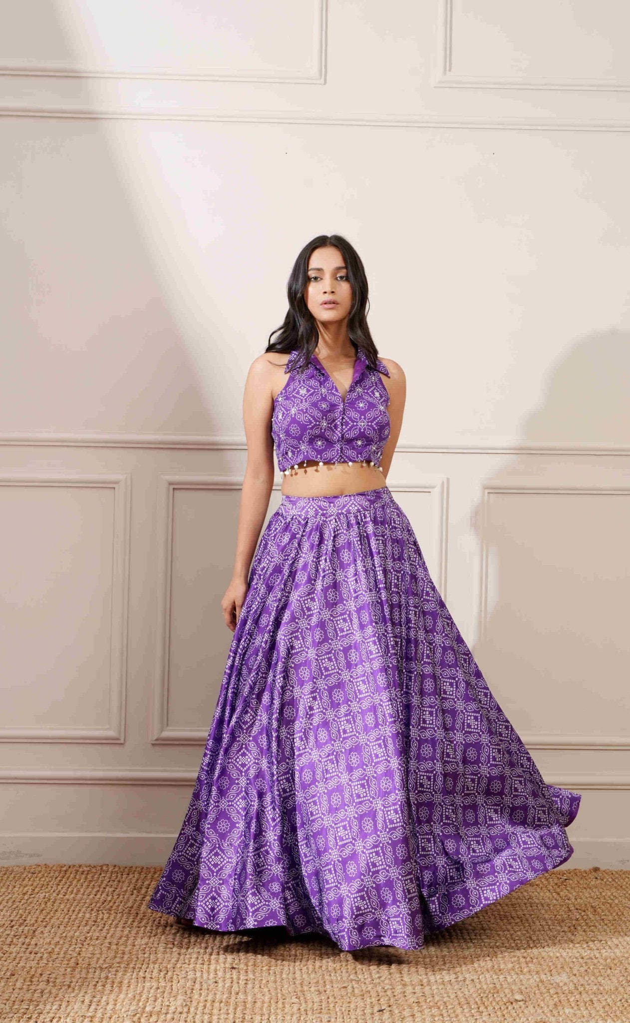 Purple Georgette Bandhej Print Skirt Set - Ritivesh By Ritika Aggarwal