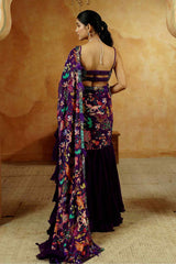 Purple Kalamkari Print Frill Saree set - Ritivesh By Ritika Aggarwal