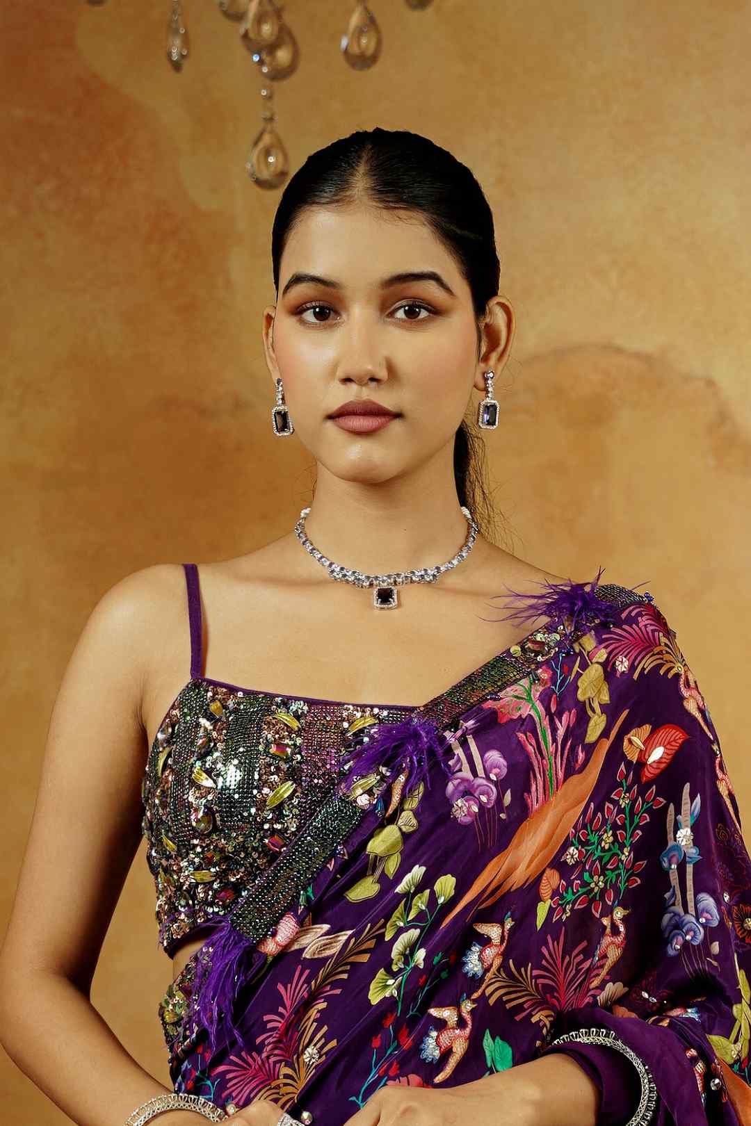 Purple Kalamkari Print Frill Saree set - Ritivesh By Ritika Aggarwal