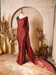 Red & Black Striped Modal Silk Ajrakh Hand Block Print Saree with Blouse Piece - Ritivesh By Ritika Aggarwal