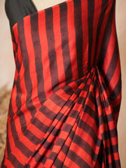 Red & Black Striped Modal Silk Ajrakh Hand Block Print Saree with Blouse Piece - Ritivesh By Ritika Aggarwal