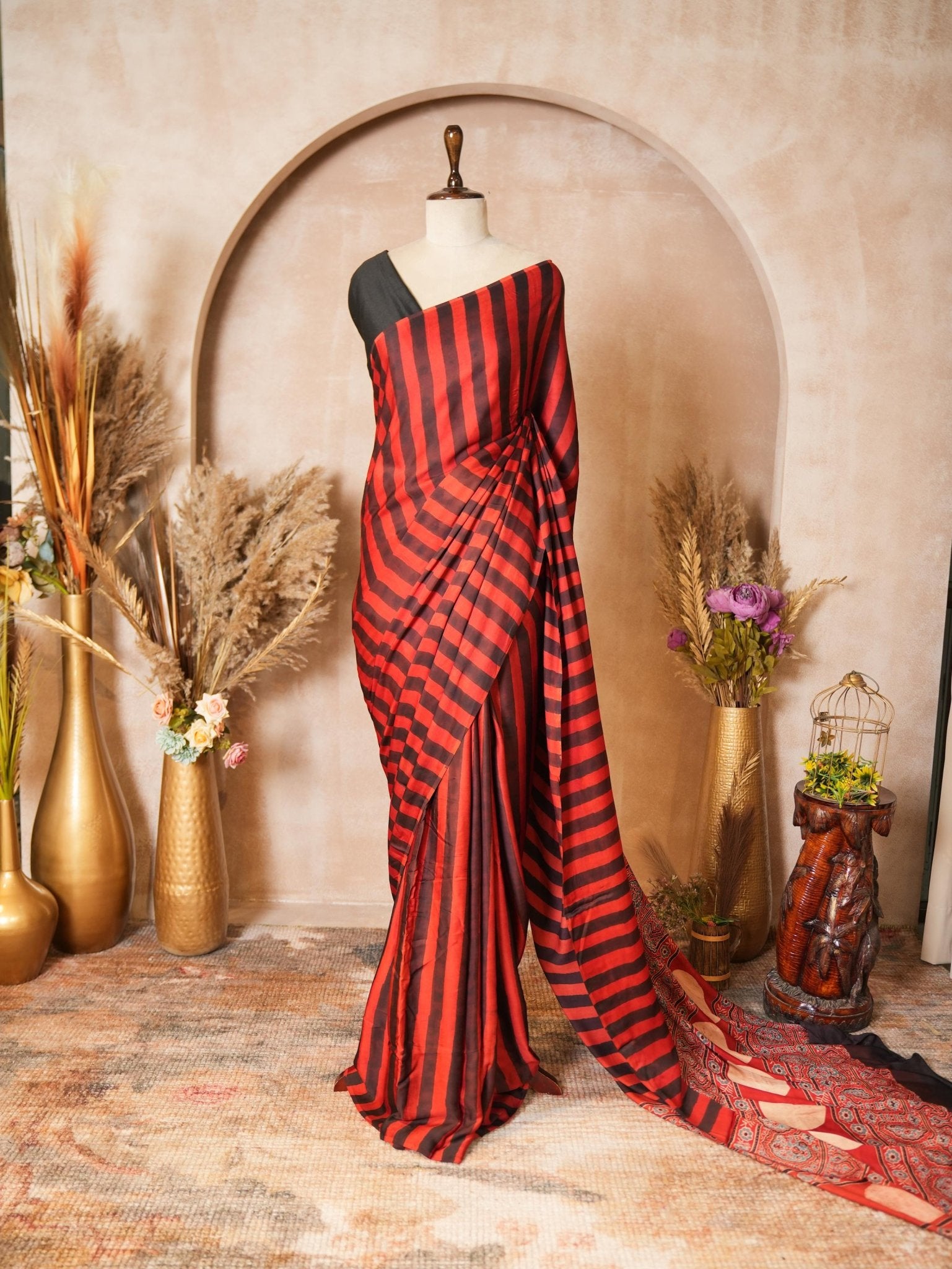 Red & Black Striped Modal Silk Ajrakh Hand Block Print Saree with Blouse Piece - Ritivesh By Ritika Aggarwal