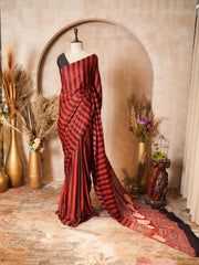 Red & Black Striped Modal Silk Ajrakh Hand Block Print Saree with Blouse Piece - Ritivesh By Ritika Aggarwal
