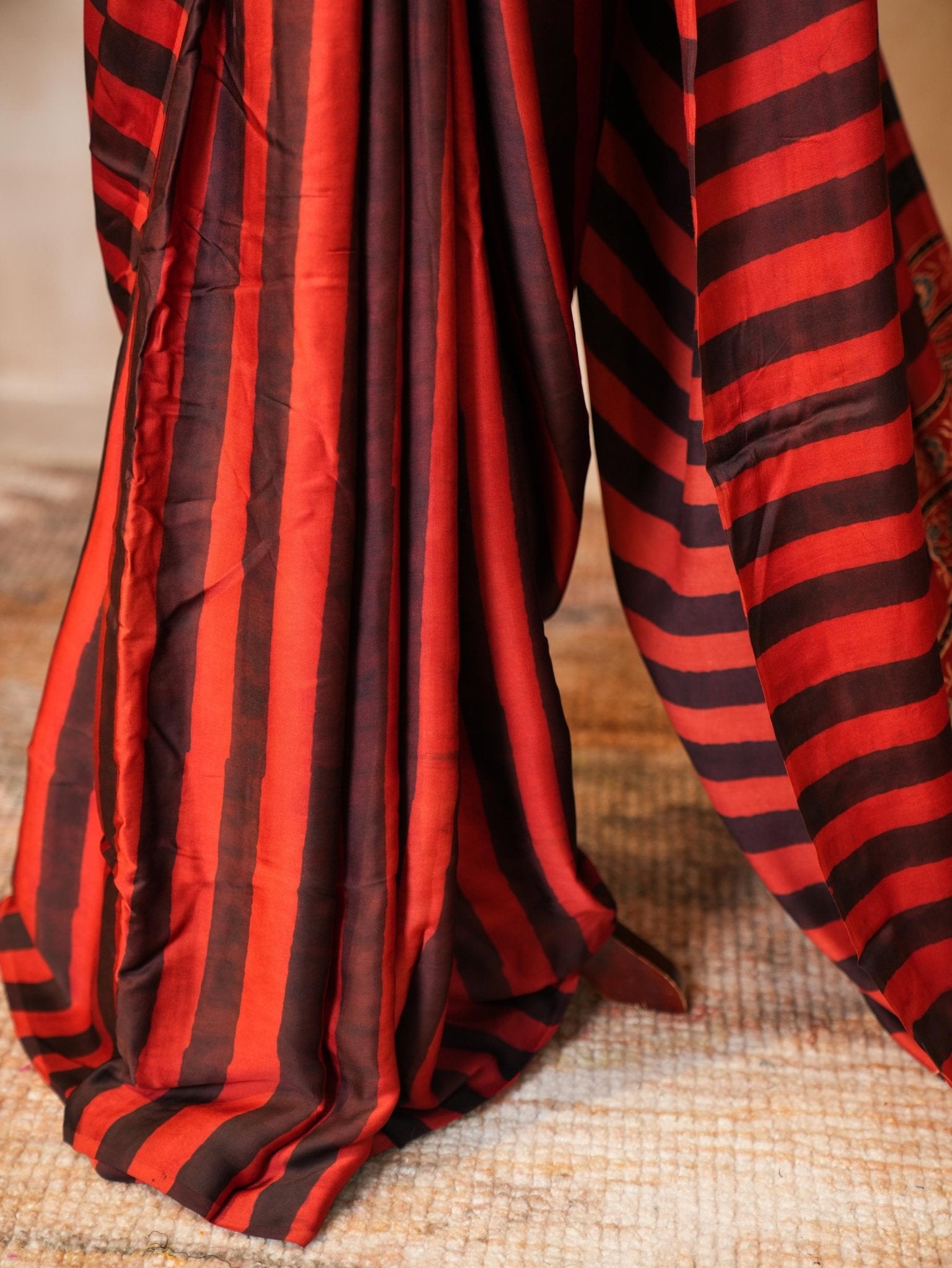Red & Black Striped Modal Silk Ajrakh Hand Block Print Saree with Blouse Piece - Ritivesh By Ritika Aggarwal