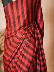 Red & Black Striped Modal Silk Ajrakh Hand Block Print Saree with Blouse Piece - Ritivesh By Ritika Aggarwal