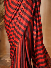 Red & Black Striped Modal Silk Ajrakh Hand Block Print Saree with Blouse Piece - Ritivesh By Ritika Aggarwal