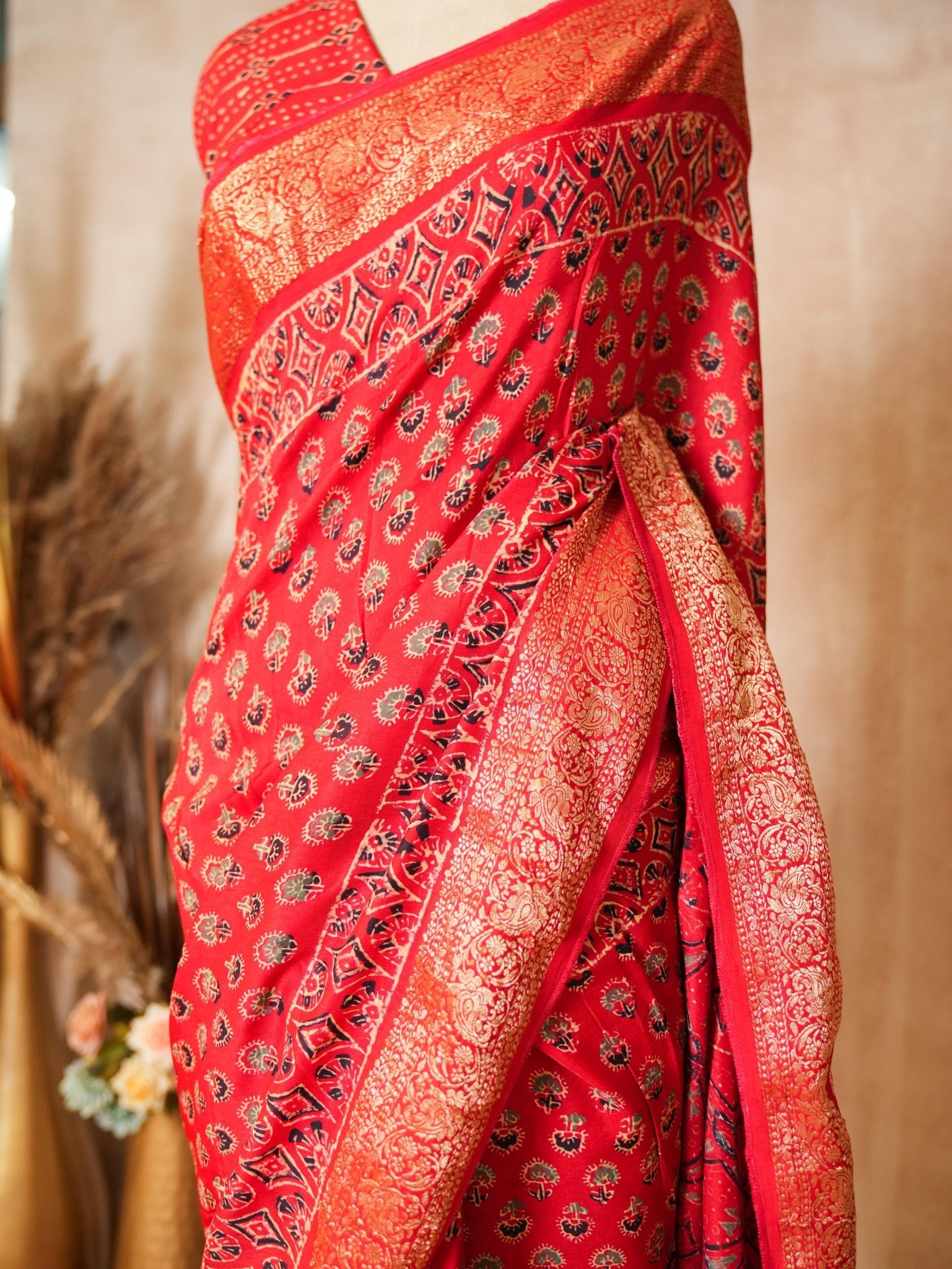 Red Gajji Silk Ajrakh Printed Saree with Blouse Piece - Ritivesh By Ritika Aggarwal