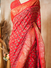 Red Gajji Silk Ajrakh Printed Saree with Blouse Piece - Ritivesh By Ritika Aggarwal