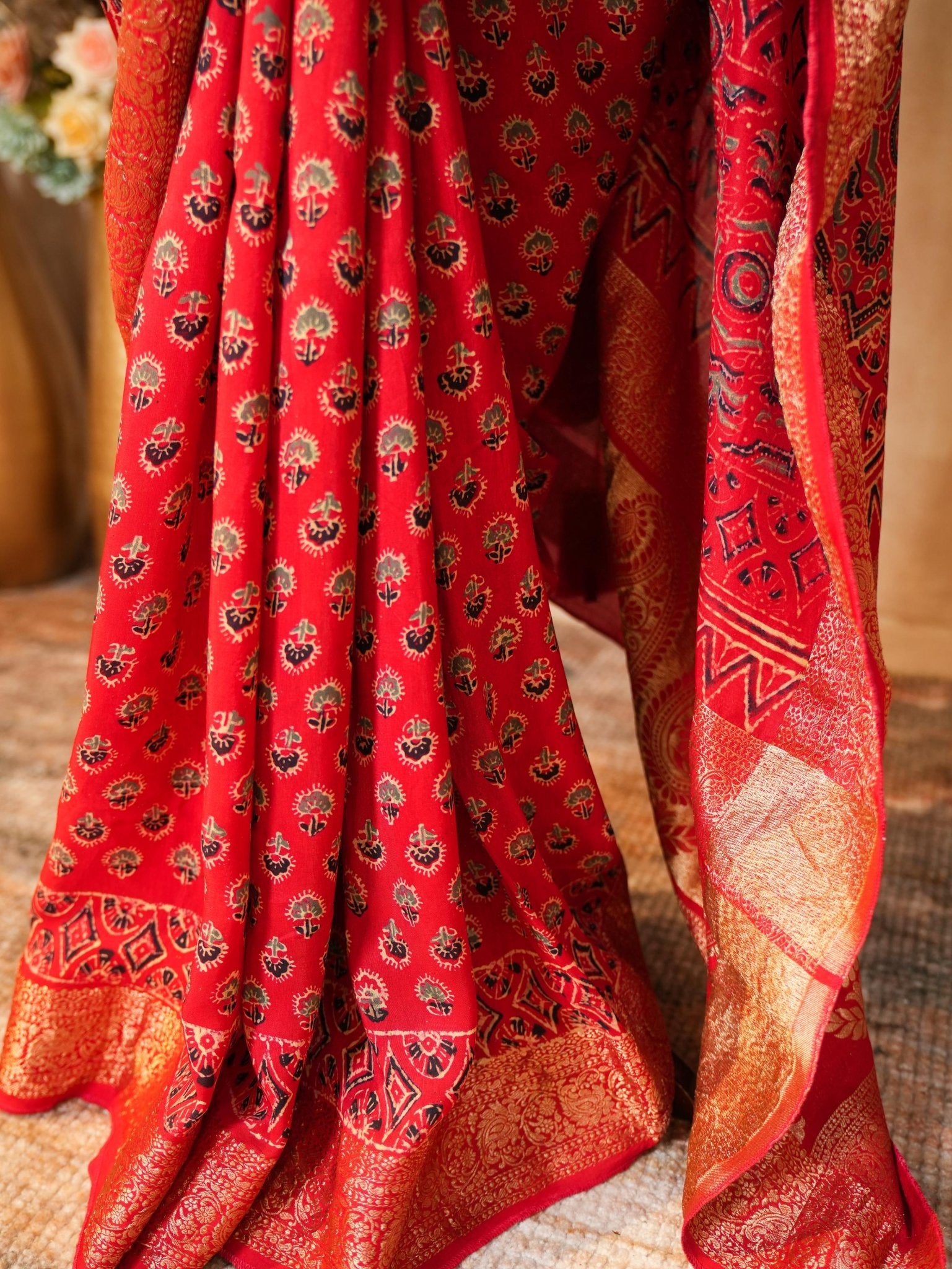 Red Gajji Silk Ajrakh Printed Saree with Blouse Piece - Ritivesh By Ritika Aggarwal