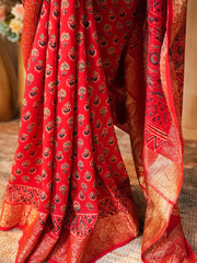 Red Gajji Silk Ajrakh Printed Saree with Blouse Piece - Ritivesh By Ritika Aggarwal