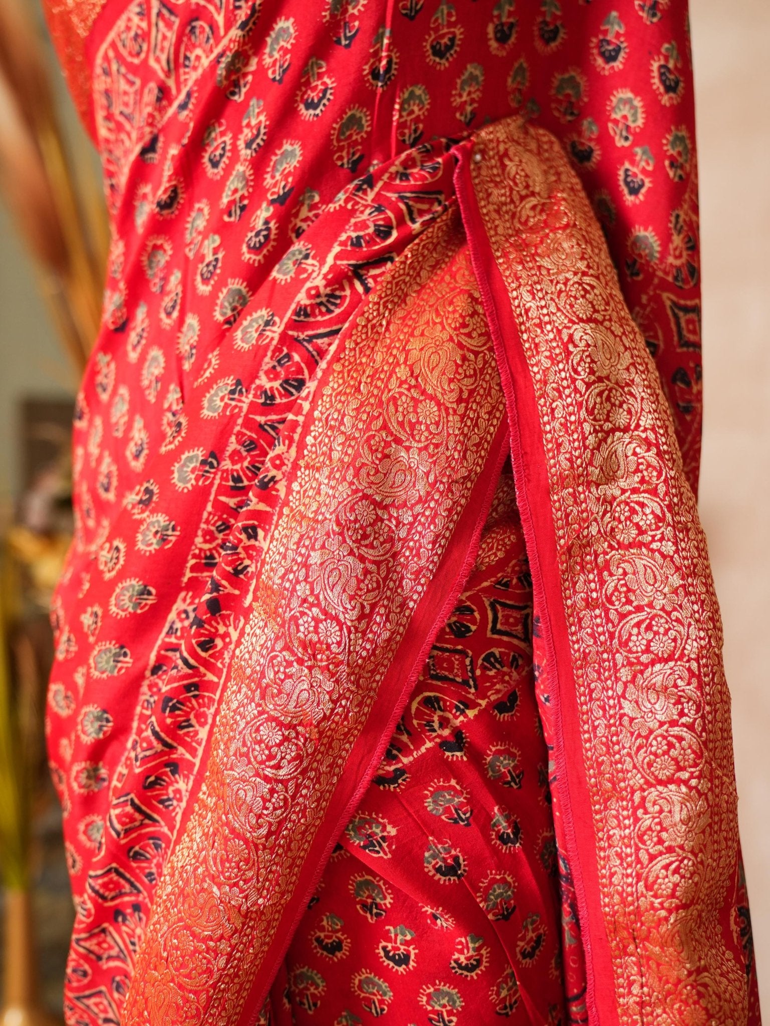Red Gajji Silk Ajrakh Printed Saree with Blouse Piece - Ritivesh By Ritika Aggarwal