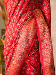 Red Gajji Silk Ajrakh Printed Saree with Blouse Piece - Ritivesh By Ritika Aggarwal
