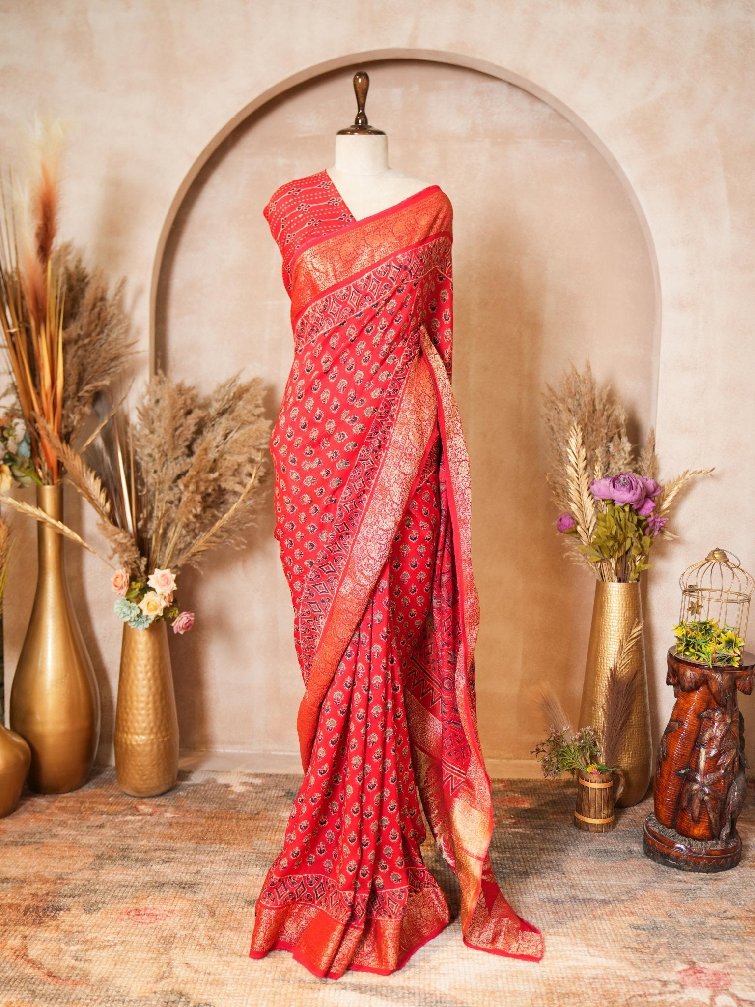 Red Gajji Silk Ajrakh Printed Saree with Blouse Piece - Ritivesh By Ritika Aggarwal