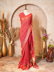 Red Gajji Silk Ajrakh Printed Saree with Blouse Piece - Ritivesh By Ritika Aggarwal