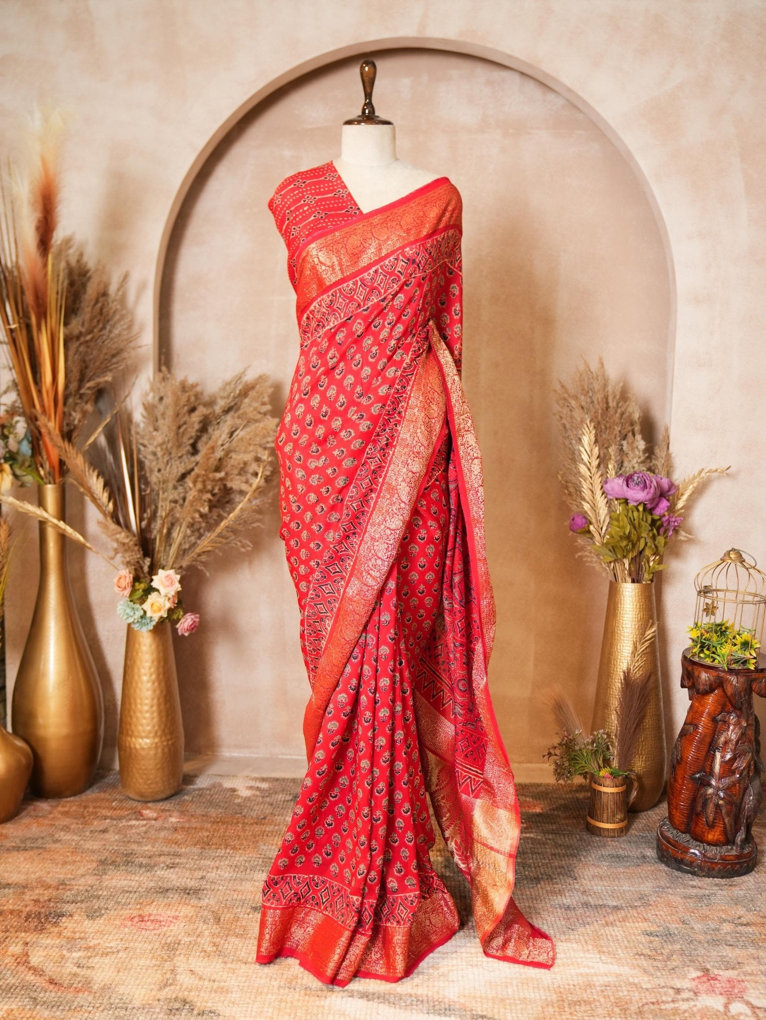 Red Gajji Silk Ajrakh Printed Saree with Blouse Piece - Ritivesh By Ritika Aggarwal