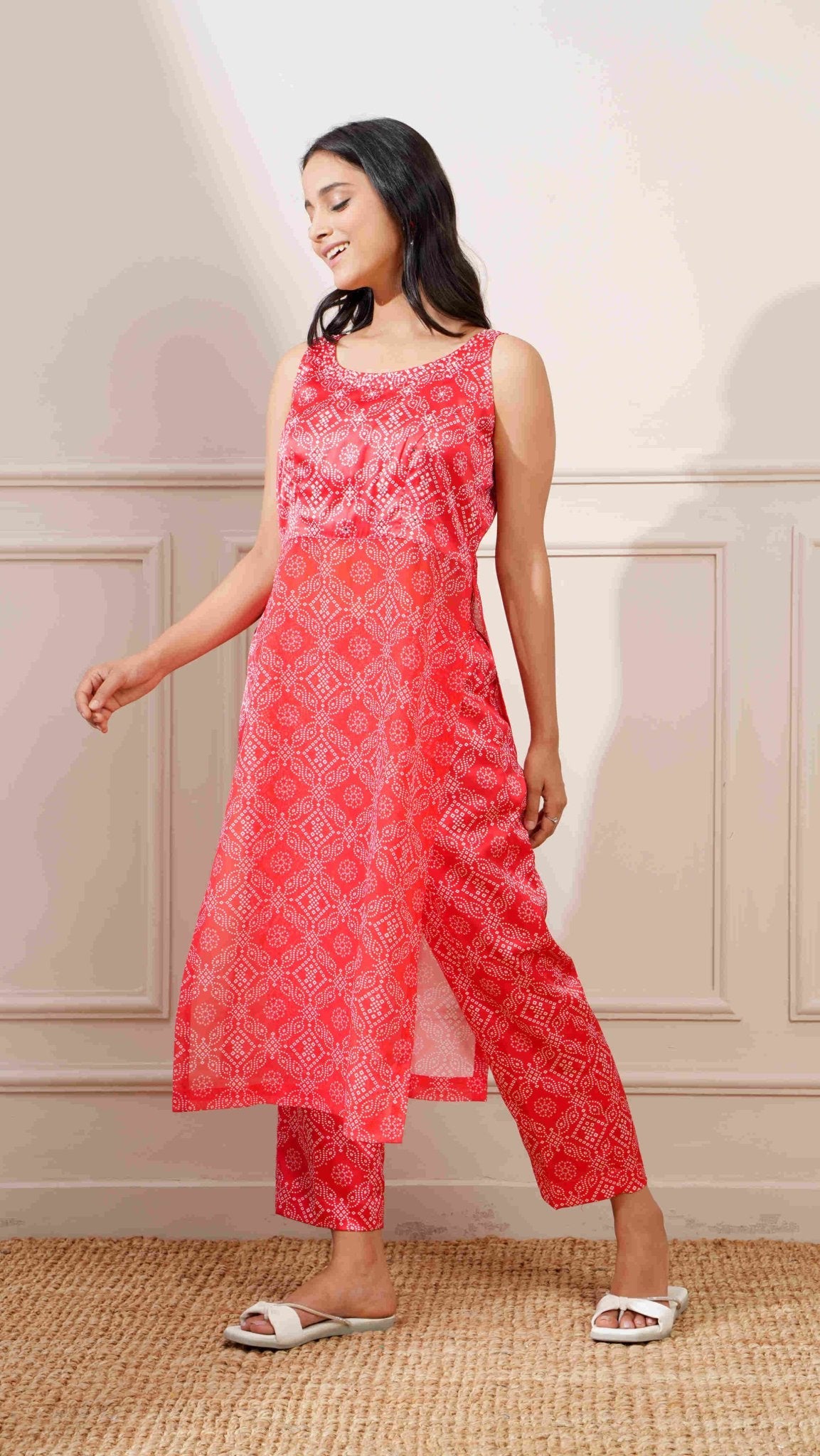 Red Georgette Bandhej Print Straight Kurta Pant Set - Ritivesh By Ritika Aggarwal