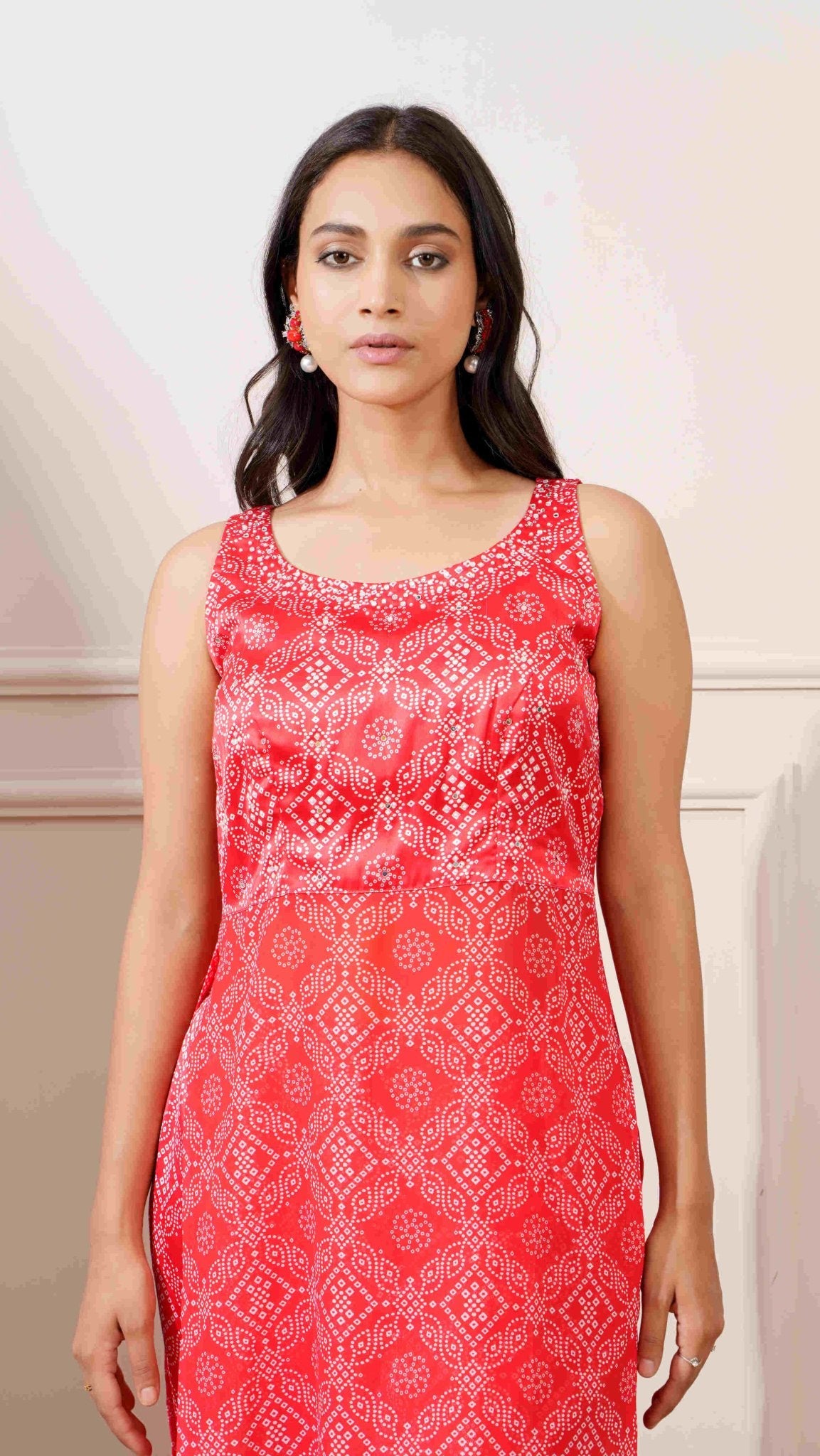 Red Georgette Bandhej Print Straight Kurta Pant Set - Ritivesh By Ritika Aggarwal