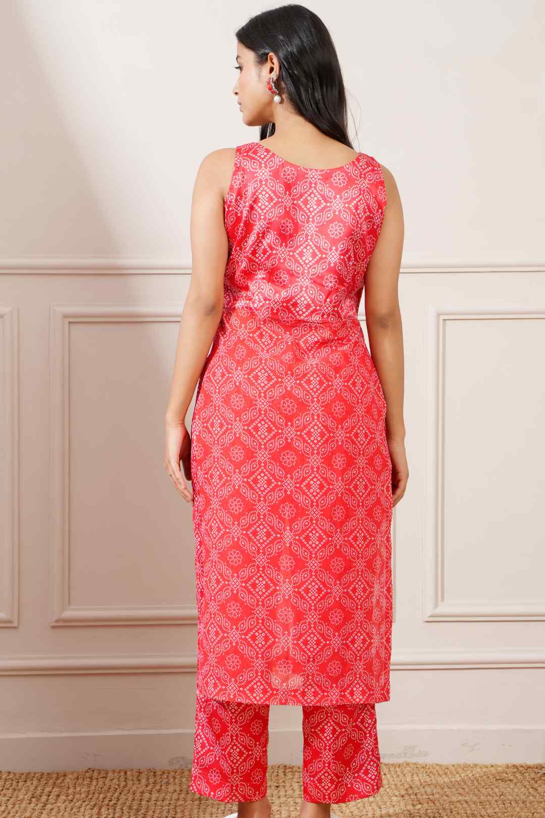 Red Georgette Bandhej Print Straight Kurta Pant Set - Ritivesh By Ritika Aggarwal