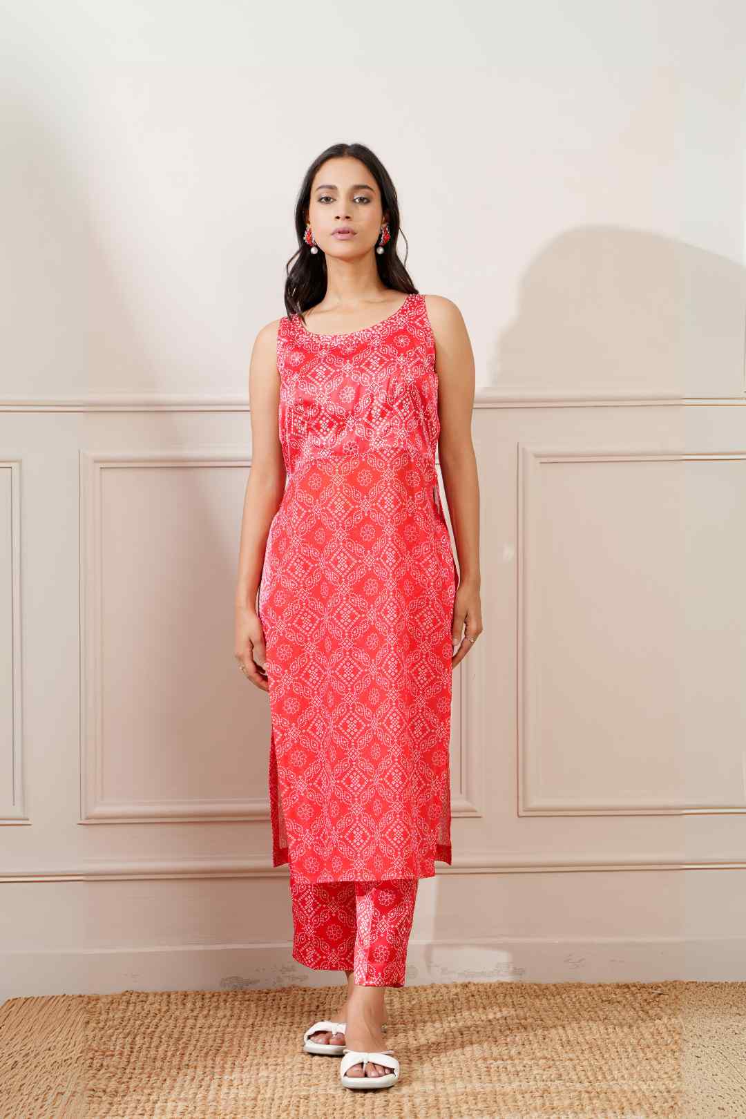 Red Georgette Bandhej Print Straight Kurta Pant Set - Ritivesh By Ritika Aggarwal