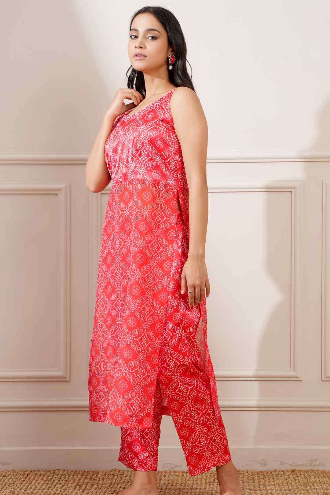 Red Georgette Bandhej Print Straight Kurta Pant Set - Ritivesh By Ritika Aggarwal