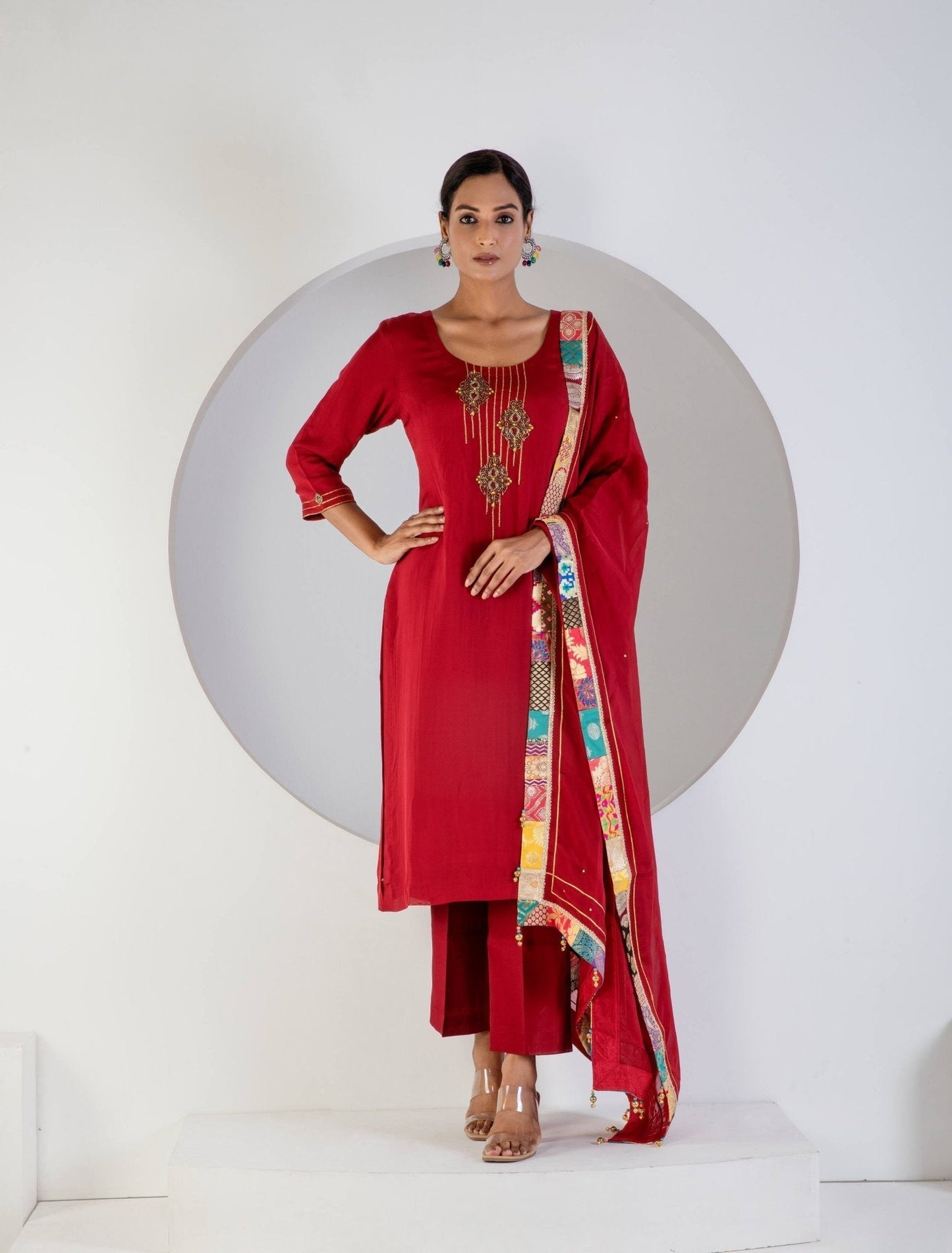 Red Kurat Set With Hand Embroidered - Ritivesh By Ritika Aggarwal