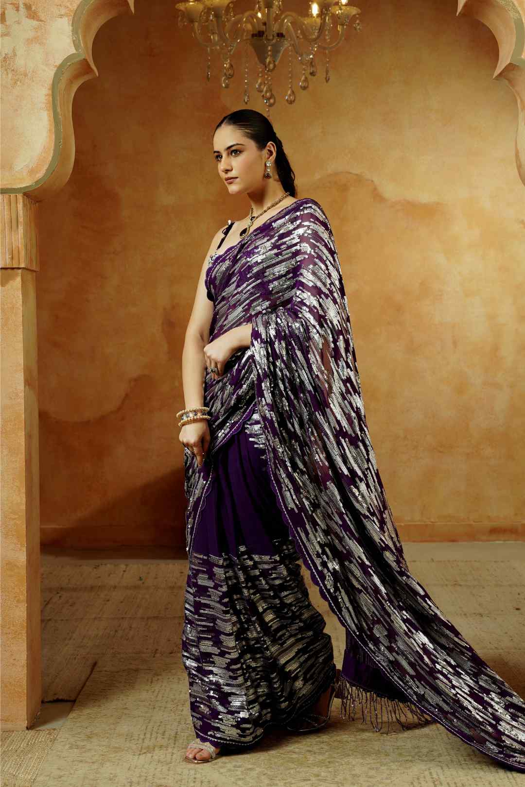 Royal Purple Sequin Embellished Saree Set - Ritivesh By Ritika Aggarwal