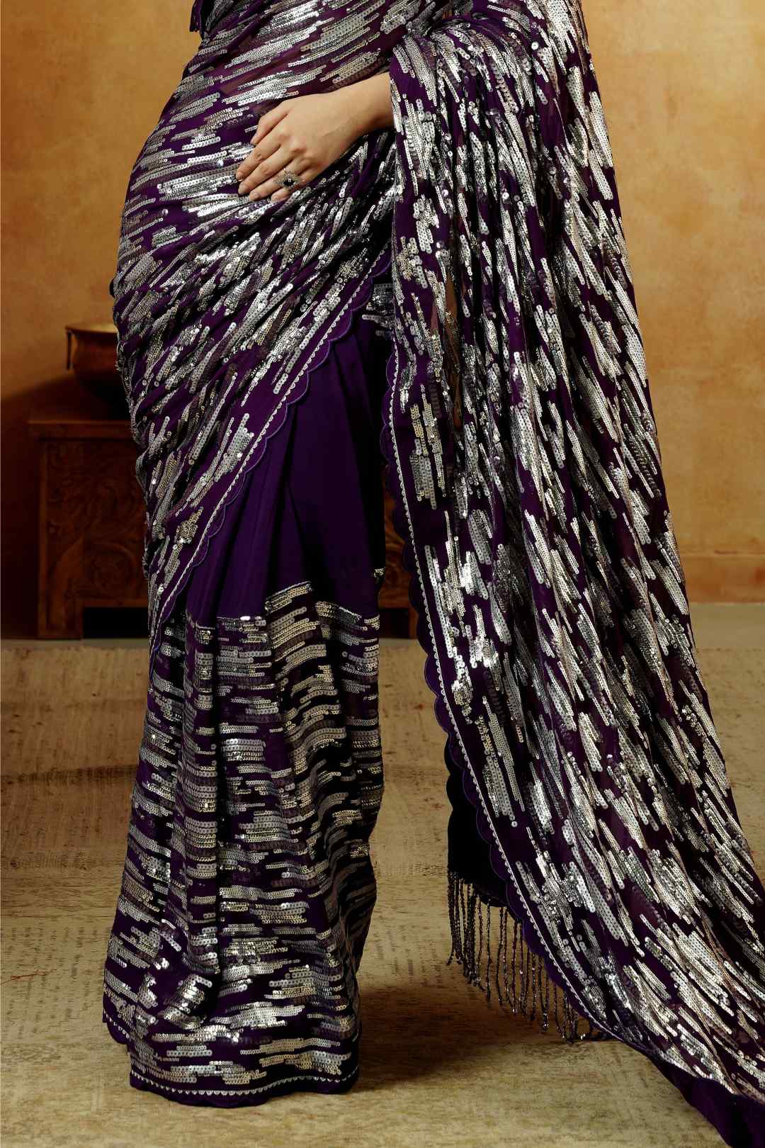 Royal Purple Sequin Embellished Saree Set - Ritivesh By Ritika Aggarwal