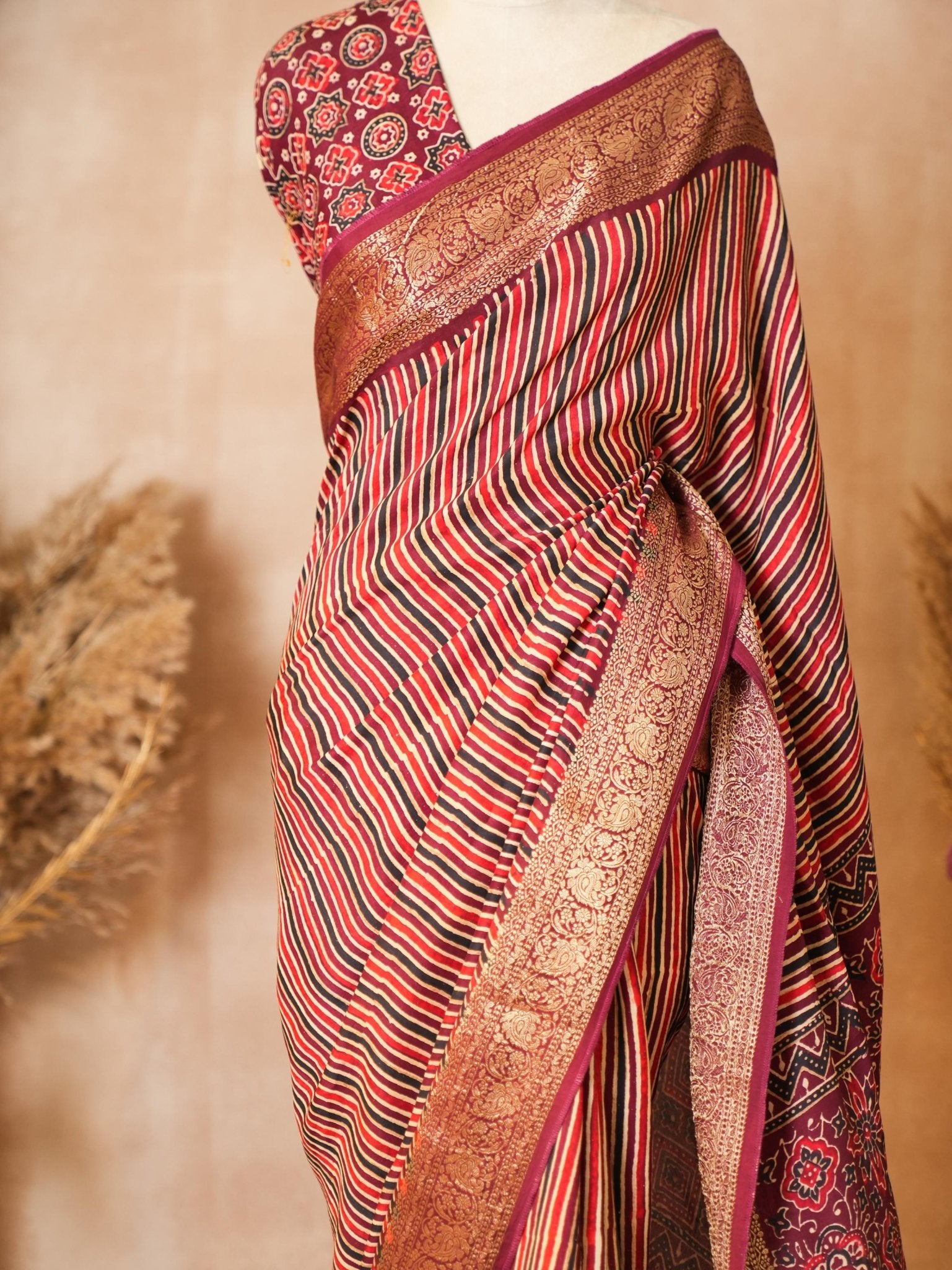 Rust Ajrakh Print Gajji Silk Saree with Blouse Piece - Ritivesh By Ritika Aggarwal