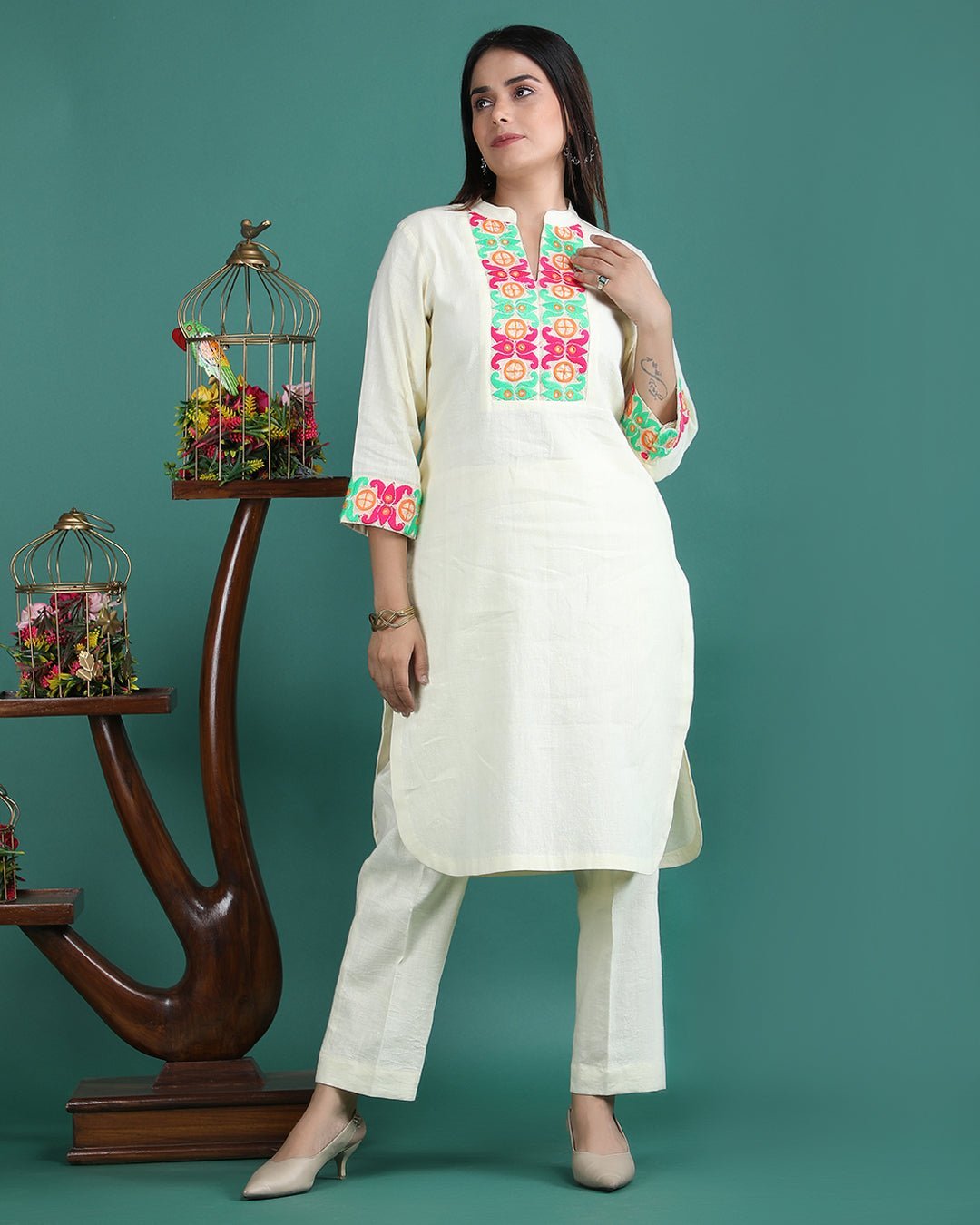 SAVERA | Lemon Cotton Kurta Pant with Lace - Ritivesh By Ritika Aggarwal