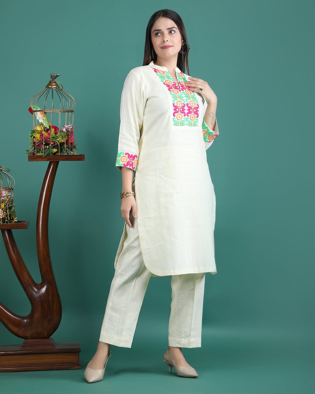 SAVERA | Lemon Cotton Kurta Pant with Lace - Ritivesh By Ritika Aggarwal