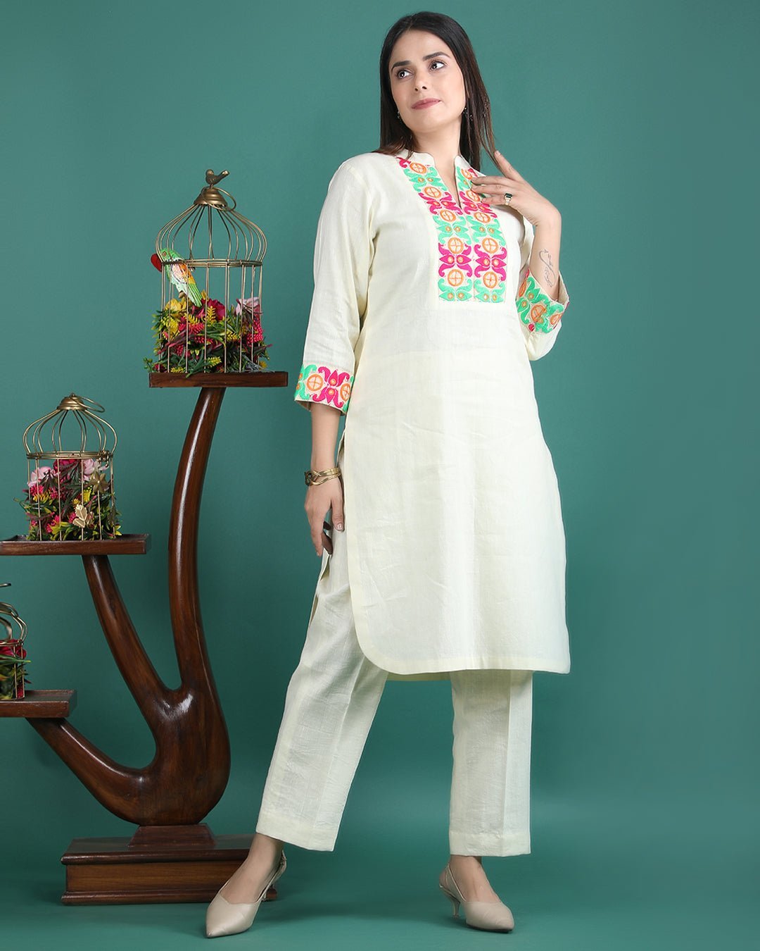 SAVERA | Lemon Cotton Kurta Pant with Lace - Ritivesh By Ritika Aggarwal