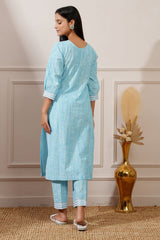 Sea Blue Chicken Cotton Straight Kurta & Pant - Ritivesh By Ritika Aggarwal