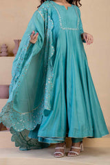 Stunning blue anarkali three piece set - Ritivesh By Ritika Aggarwal