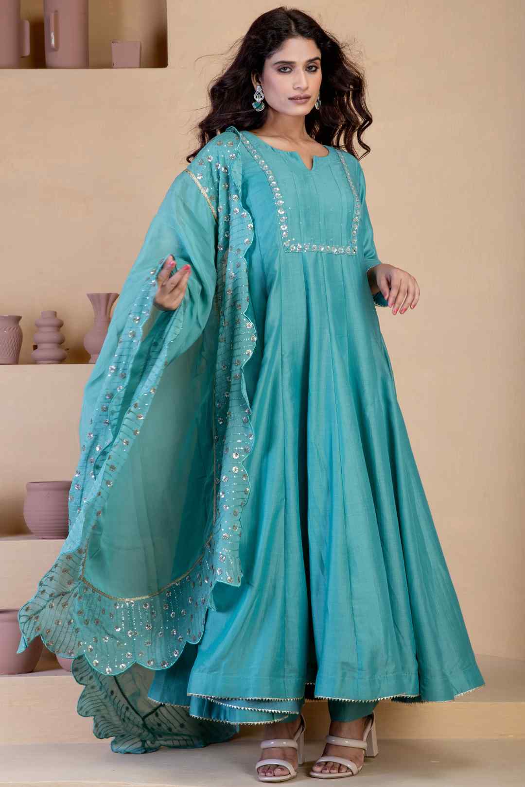 Stunning blue anarkali three piece set - Ritivesh By Ritika Aggarwal