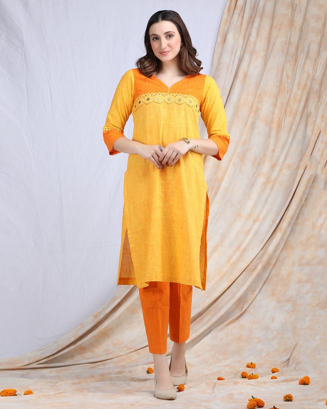 SUJATA | Yellow Handloom Cotton Kurta Pant - Ritivesh By Ritika Aggarwal