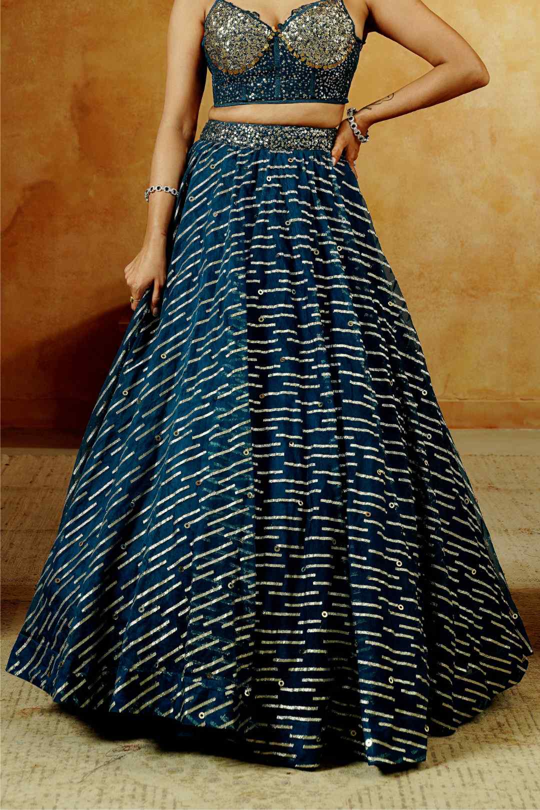 Teal Blue Sequin Bustier Lehenga Set - Ritivesh By Ritika Aggarwal
