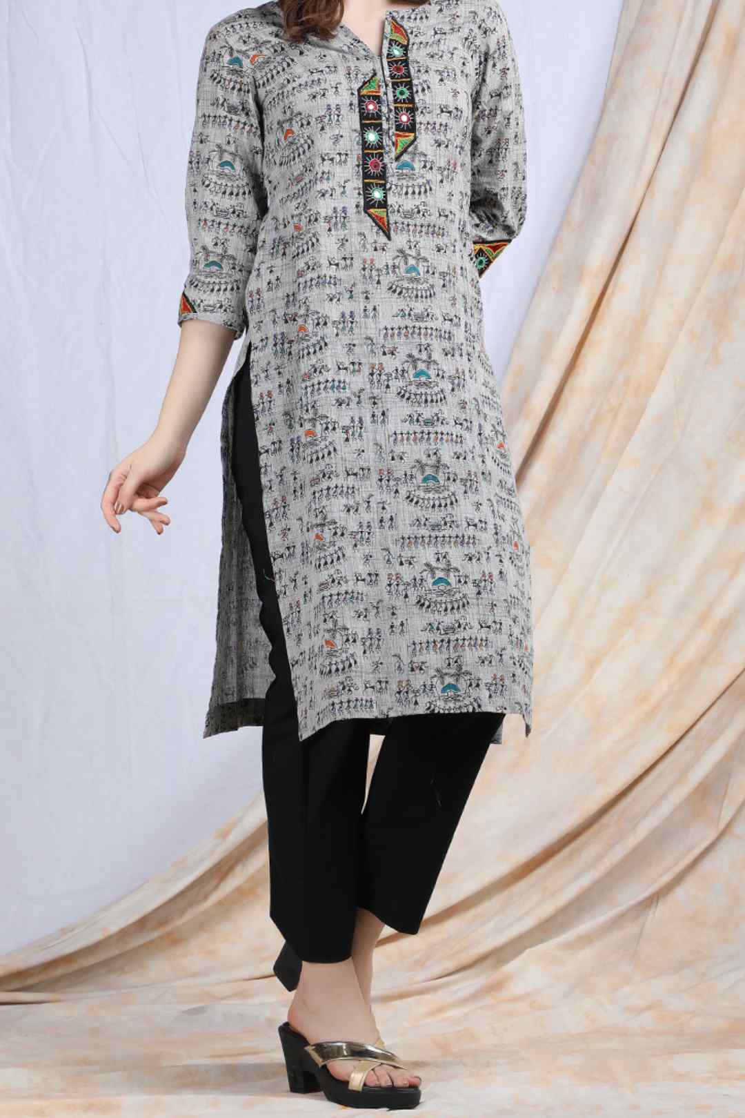 TIMIR | Warli art cotton Kurta Kutch work - Ritivesh By Ritika Aggarwal